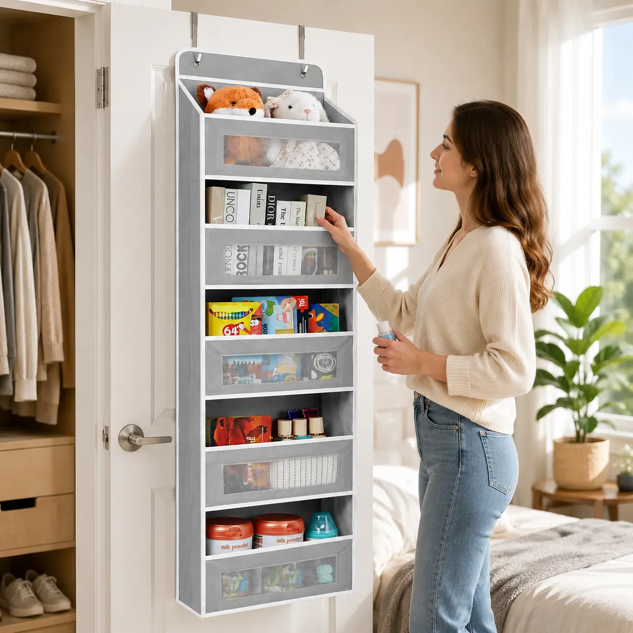 Multi-purpose Over Door Storage Organizer with Sturdy Hanging Hooks, Wall Hanging Closet Organizer for Nursery, Pantry and Bathroom Use,Wall Mount Hanging Closet Organizer kitchen gadget clearance large side pocket rack space-saving kg capacity