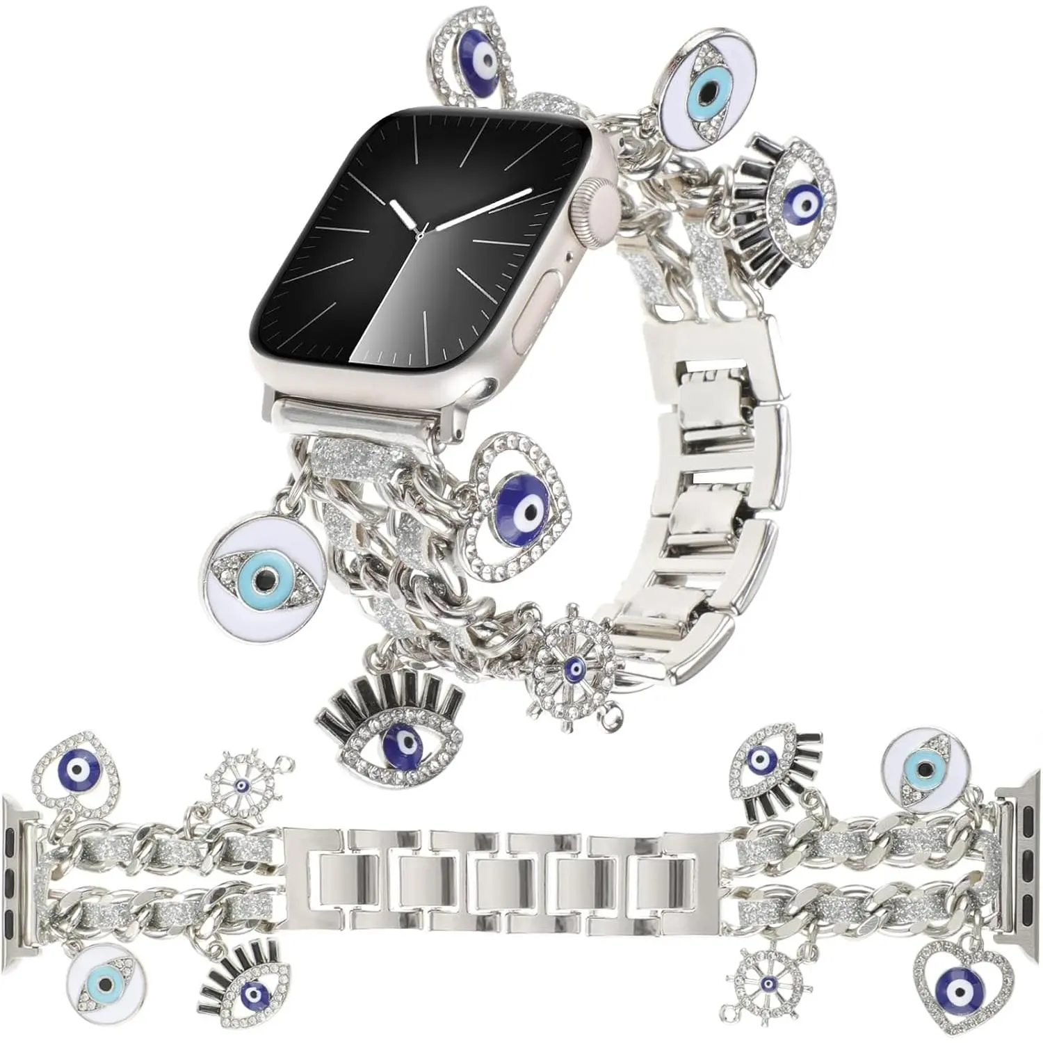 Stylish Metal Bands Compatible with Apple Watch Band 49/46/45/44/42mm 41/40/38mm Women,Cuban Chain Band with Cute Pendants Love Cross Charms Strap for iWatch Series 10 9 8 7 6 5 4 3 2 SE Ultra 2
