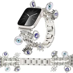 Stylish Metal Bands Compatible with Apple Watch Band 49/46/45/44/42mm 41/40/38mm Women,Cuban Chain Band with Cute Pendants Love Cross Charms Strap for iWatch Series 10 9 8 7 6 5 4 3 2 SE Ultra 2
