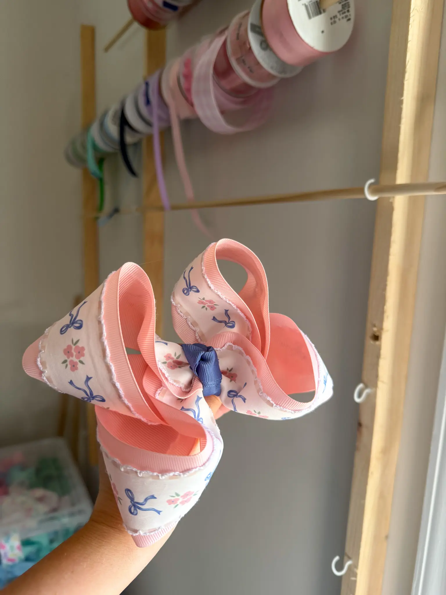 Spring Floral Boutique Hair Bow | Pink & Blue Heirloom Bow