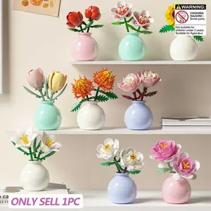 Moc Romantic Mini Building Block Set, Artificial Flower Plant Series, Artificial Mixed Flower, Artificial Faux Plants, Home Decor, Creative Gift for Women, Includes Vase