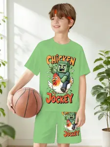 Boys' Chicken Riding Set Summer Sandbox Game Pixel Print Short Sleeve Shorts Two-Piece Suit, Casual Slim-Fitting, Regular Length