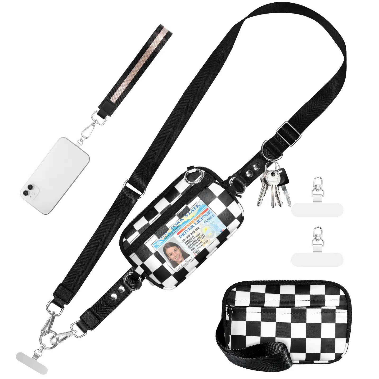 Waterproof Alloy RFID Wristlet Wallet for Smartphones & Cellphones - Fabric Phone Accessory with Clip-and-Go Strap, Adjustable Detachable Crossbody Lanyard/Phone Sling, ID Window, Zippered Checkered Safety Design
