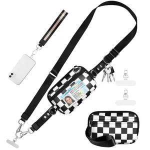 Checkered RFID Wristlet Wallet with Clip and Go Phone Strap - Adjustable Detachable Crossbody Lanyard Bag, ID Window & Zippered Design