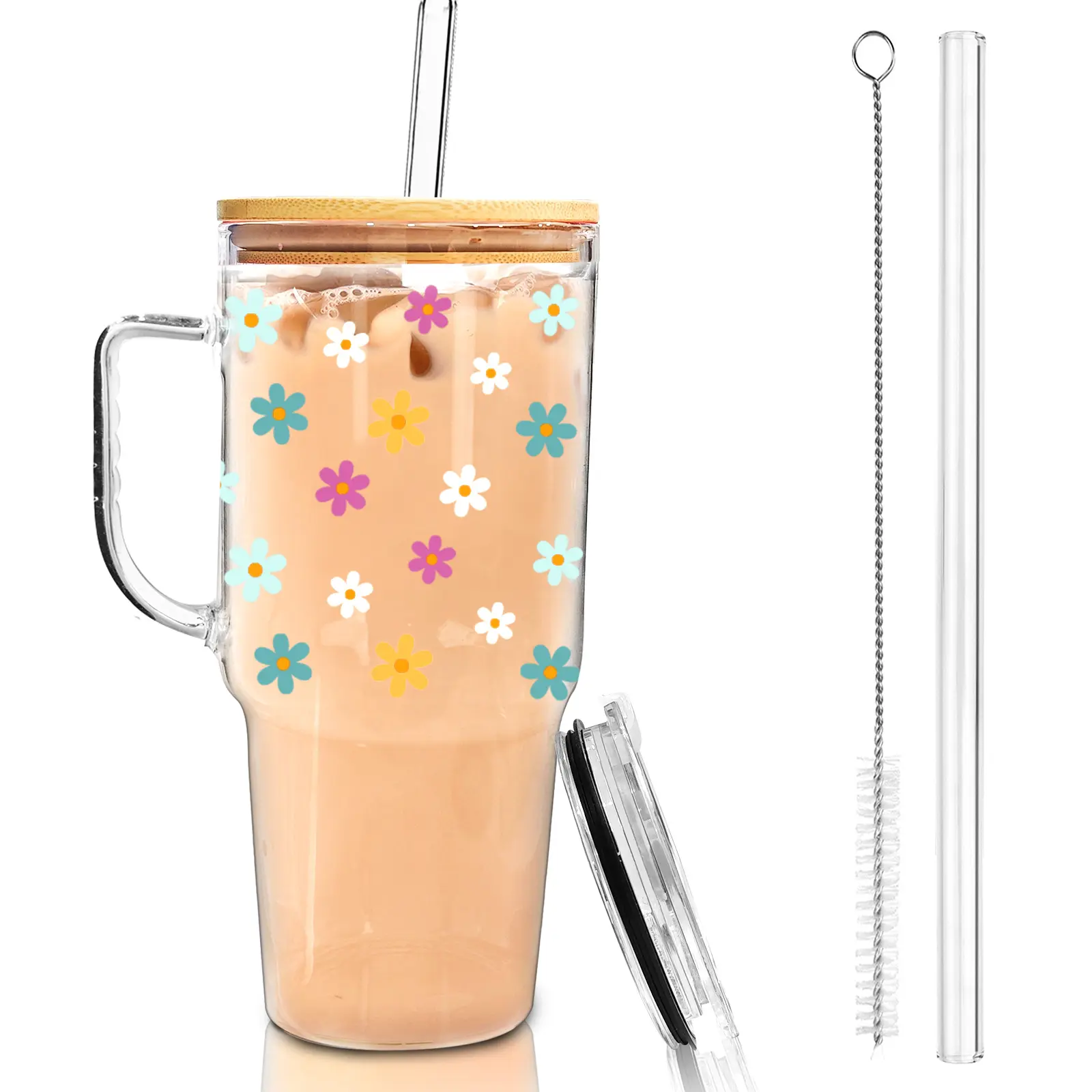 【Back to school Gifts】40 Oz Glass Tumbler with Handle, Colorful Floral Glass Water Bottles w/Dual Lids (Bamboo+Plastic), Wide Mouth, Reusable Iced Coffee Cups Set, Stylish Drinkware for Coffee, Tea, Juice, Halloween Gifts
