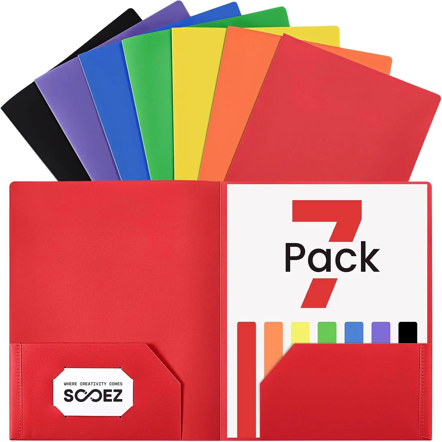 Sooez 7 Pack Folders with Pockets, 2 Pocket Folders with Extra Labels | Plastic Folder with Pockets, Heavy Duty File Folder Bulk, School Business Office Filing Supplies