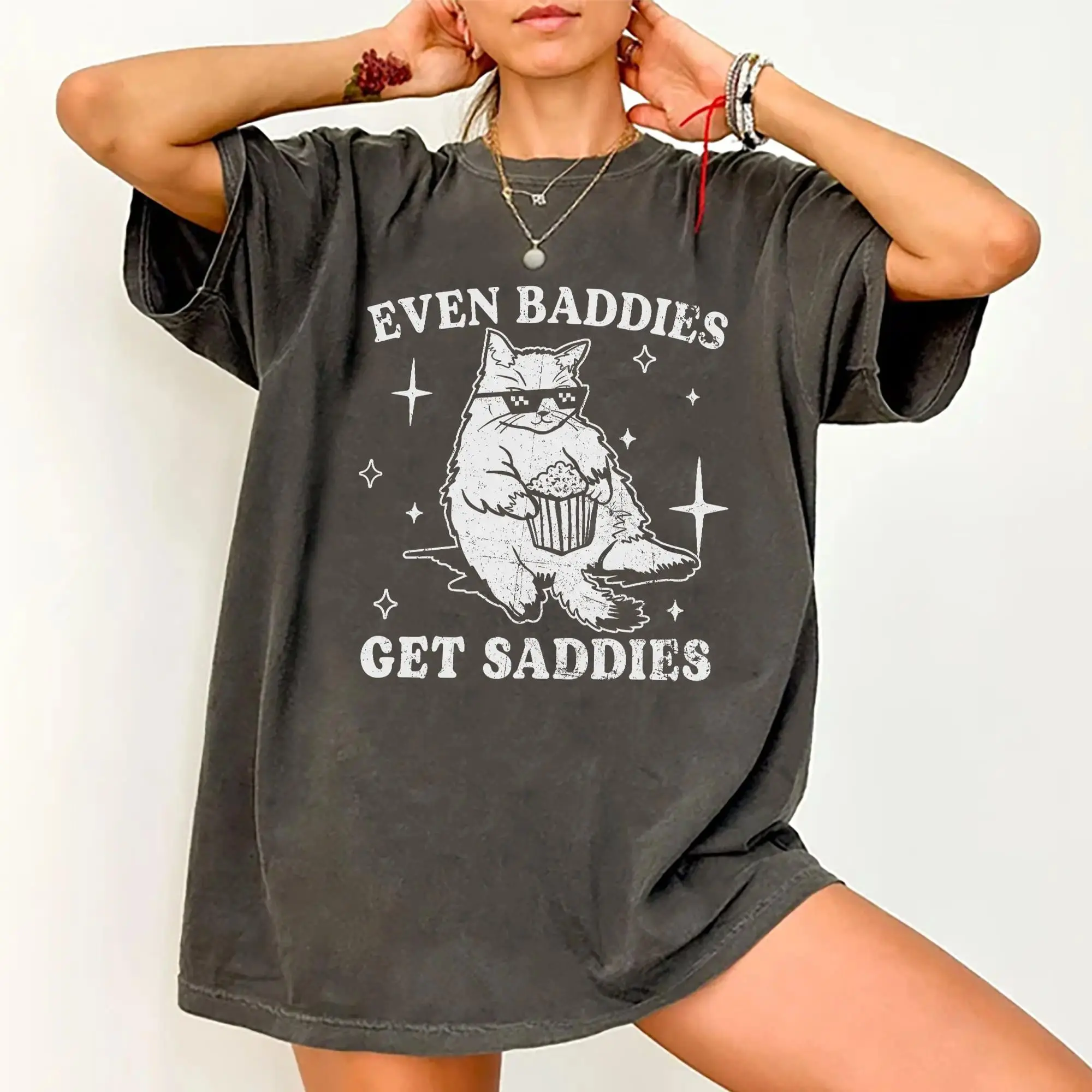 Women's Printed Round Neck Short-Sleeve T-Shirt - Unisex Soft Cotton Fabric, Simple Casual Streetwear, "Even Baddies Get Saddies" Mental Health Cat Meme Humor, Relaxed Comfortable Fit Daily Wear Gift, Flat