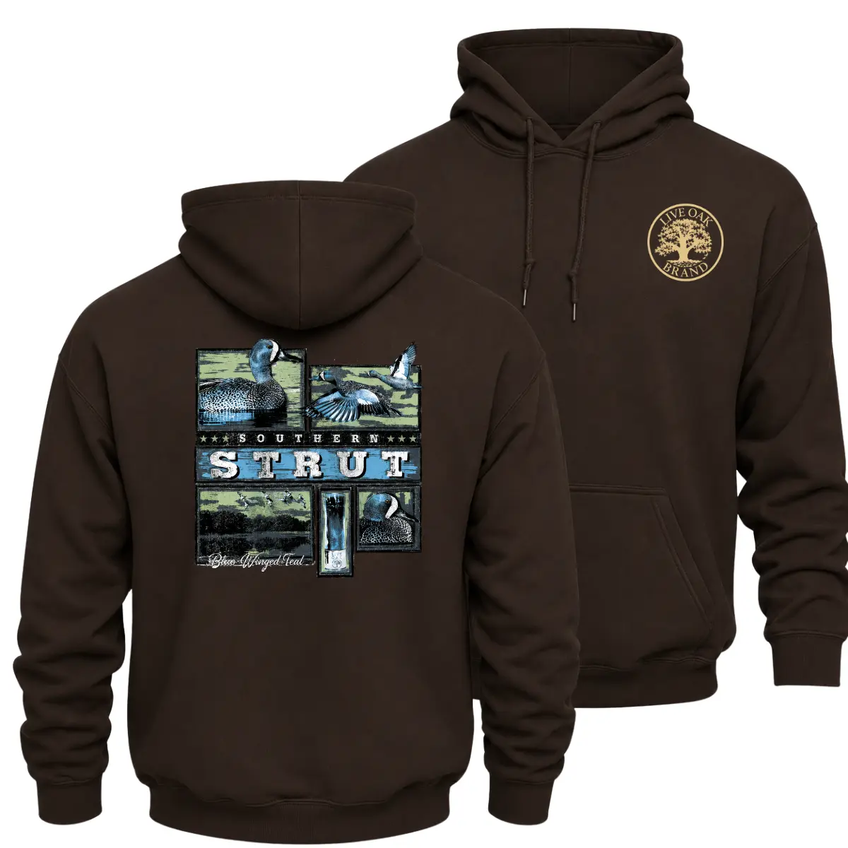 Vintage Blue Winged Teal Duck Hunting Hoodie, Double Sided Southern Strut Duck Graphic Pullover Sweatshirt, Retro Waterfowl Flying Duck Outdoor Hoodie, Heavyweight Sweatshirt, Duck Hunter Gift For Men