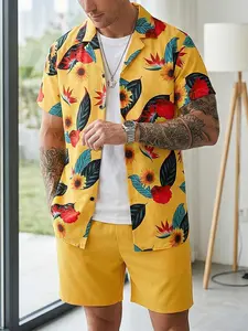Men's Summer American Vacation Floral Print Set, Sunflower Rose Short Sleeve Shirt & Drawstring Shorts, Casual Beachwear