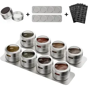 Set of 8 Magnetic Spice Tins (3oz) – Includes 2 Metal Wall Plates & 100 Preprinted Labels. Perfect for Organized Seasoning Storage