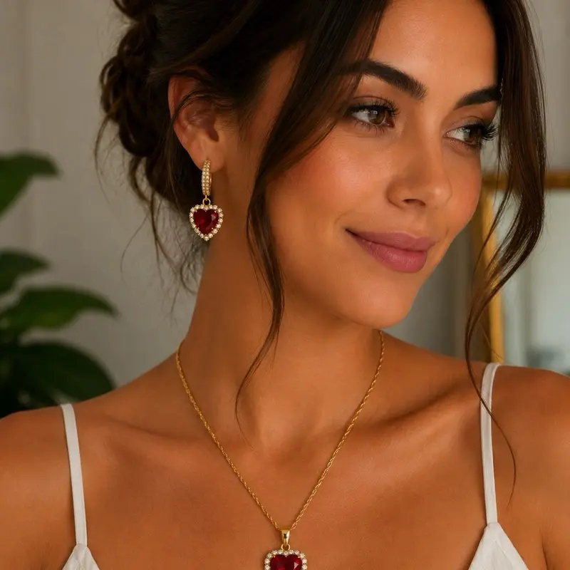 Ruby Heart Jewelry Set, 2-Piece Gold-Dipped Red Ruby Earrings and Necklace Bundle for Jewelry Enthusiasts