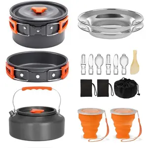 Camping Cookware Camping Cooking Set, Non-Stick Pots and Pans with Kettle, 2 Stainless Steel Plates, 2 Water Cups, 2 Sets of Knives and Forks, Spatula, Dish Towel, Backpack Storage Bag
