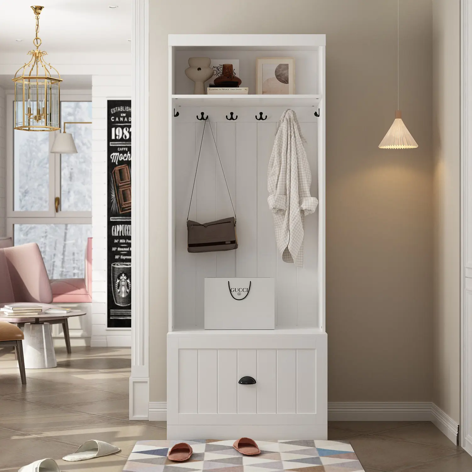 FUFU&GAGA 3 in 1 Entryway Hall Tree with Shoe Bench and Coat Rack, Hall Tree with Large Storage Drawer, 4 Hanging Hooks & Upper Open Shelve