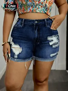 New Plus Ripped Raw Cut Denim Shorts，Trendy Plus Size Elastic Ripped Hem Jeans, Sexy High Waist Roll-Up Denim Shorts, Casual Button Fly Design, Plain Pattern, Womenswear
