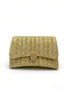Women's Summer Straw Woven Clutch Bag, Rhinestone Snake Head Clasp Elegant Crossbody Purse for Beach Vacation Wedding Party Evening Daily Use