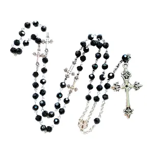 Retro Long for Cross Pendant Necklace Black Crystal Rosary Religious Jewelry