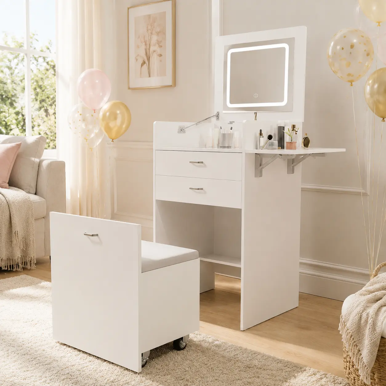 Multi-Purpose Lighted Makeup Vanity Set, 3-in-1 Design with Flip Light Mirror, Smooth Glass Countertop and Spacious Drawers, Comes with Stowable Stool, Bedroom, Office or Bedside Nightstand