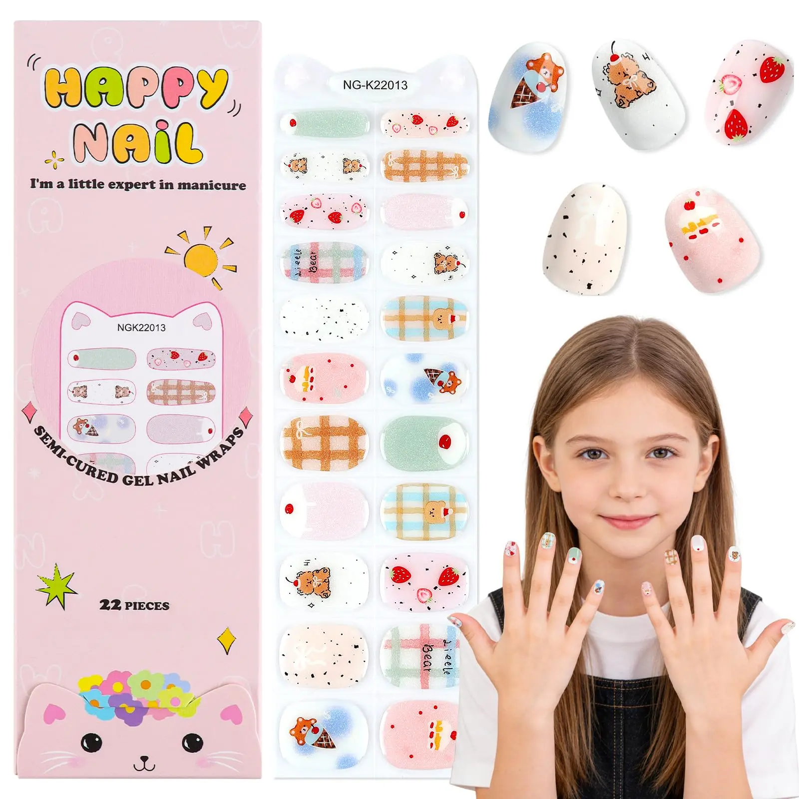 EBANKU Gel Nail Polish Strips for Kids Semi-Cured Nail Art Wraps | Fun Designs Gel Nail Stickers for Girls, Home DIY, 22 Pcs