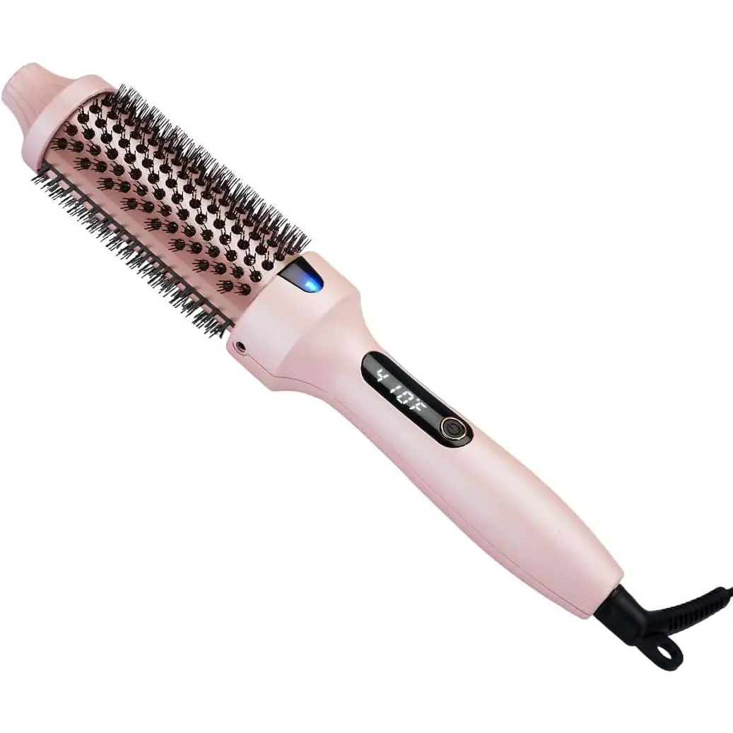 1.5 Inch Thermal Brush Straightener for a Blowout Look, Heated Round Brush with 2x Negative Ions & 360 Airflow, Dual Voltage Travel Styler, Pink, Hair Straightener Brush, Heated Brush