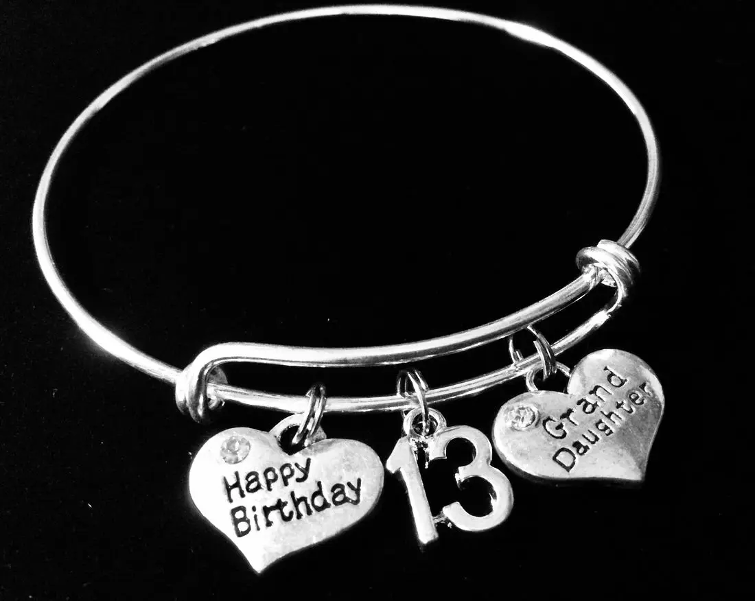 Granddaughter 13th Birthday Charm Bracelet - Silver Expandable Bangle Gift