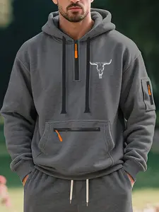 Men's Classic Bull Head Print Hoodie, Drawstring Warm Hooded Sweatshirt, Multi-Pocket Design, Fall & Winter Outdoor Wear