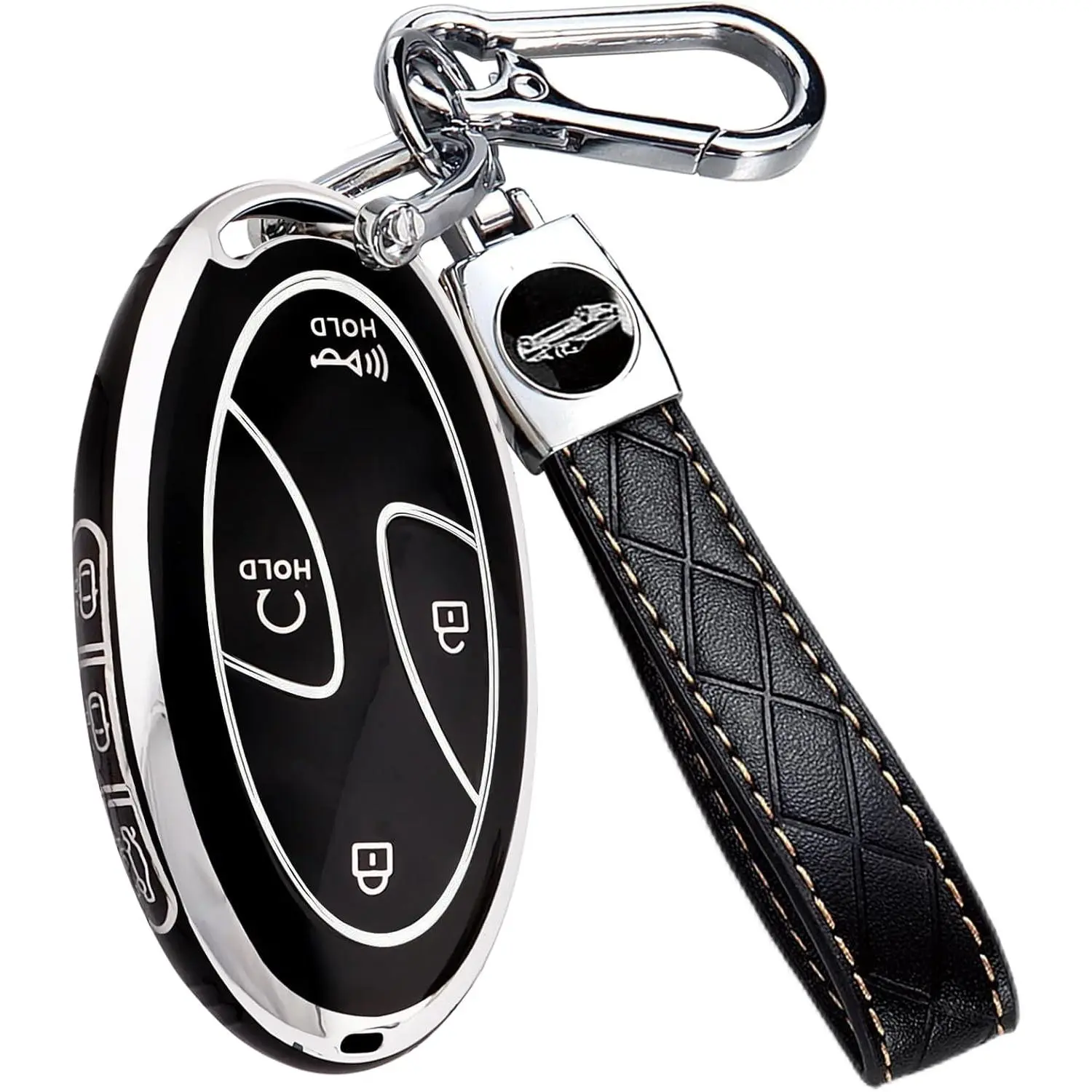 5 Buttons Compatible with Hyundai Key Fob Cover Accessories, Fits for Elanrtra Sonata Ioniq Santa Fe Santa Cruz KONA Tucson, Soft TPU Key Case with Leather Keychain (Black-Silver)