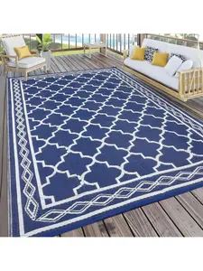 Dark blue and white-10*14 feet  Waterproof Outdoor Area Rug Modern Plastic Straw Camping Stain Resistant Carpet Geometric Reversible Floor Mat UV-Resistant Light Weight Portable  Indoor Outdoor Area Rug For Backyard Deck Picnic Porch Beach RV Trip