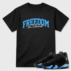 Unisex T-shirt To Match Sneakers Jordan 14 Black & University Blue - Freedom In Christ. 100% Cotton for Casual Wear. Comfortable Summer Unisex T-Shirt to match Jordan Sneaker. Streetwear Style. urban outfitters