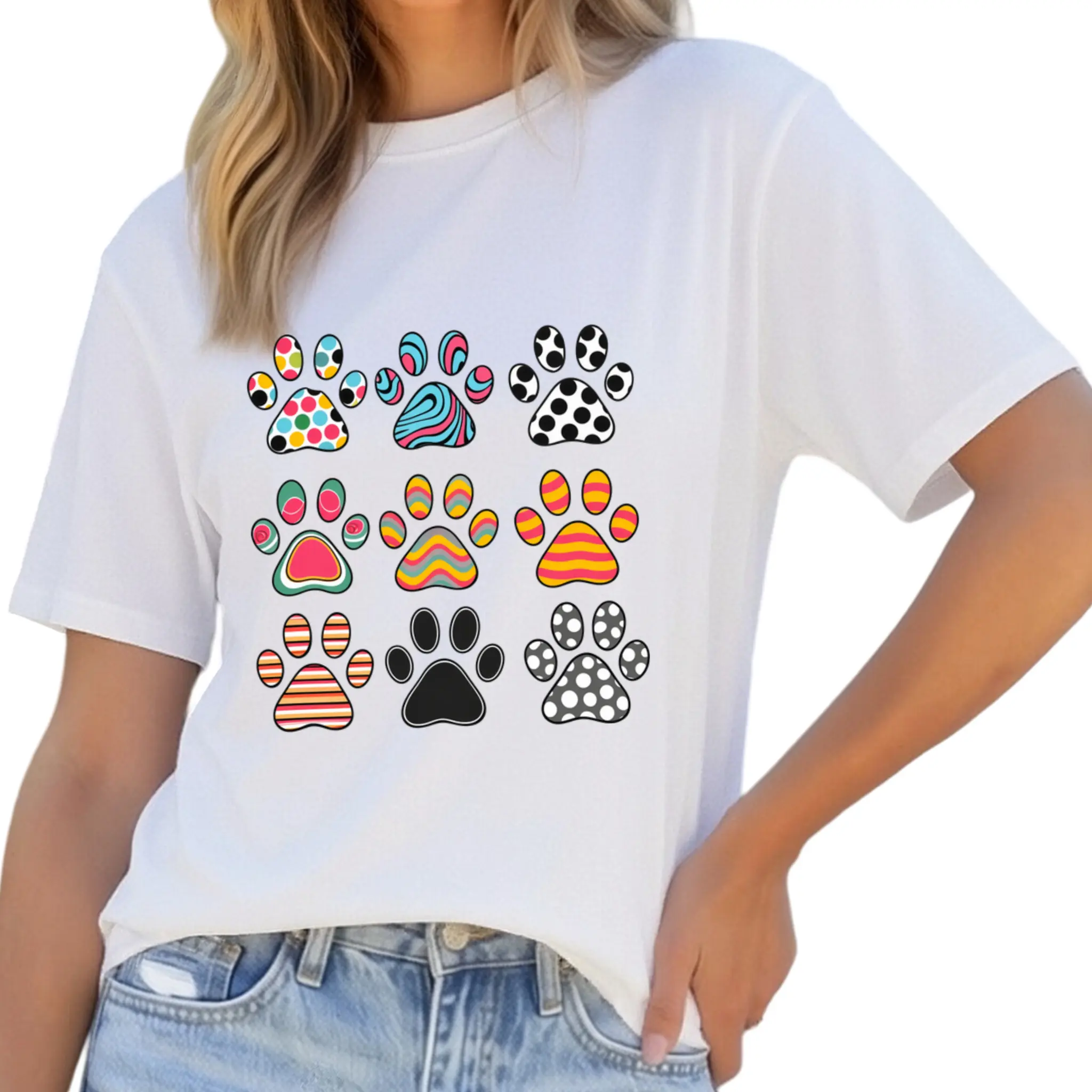 Dog Mom Shirt Women Colorful Paw Print Graphic Tee Pet Lover Top