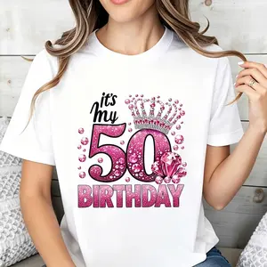 Cute And Festive Women's T-Shirt With Pink Glitter Crown And Sparkle 50 Birthday Design For Celebration Party Season Perfect Gift For Woman Turning Fifty