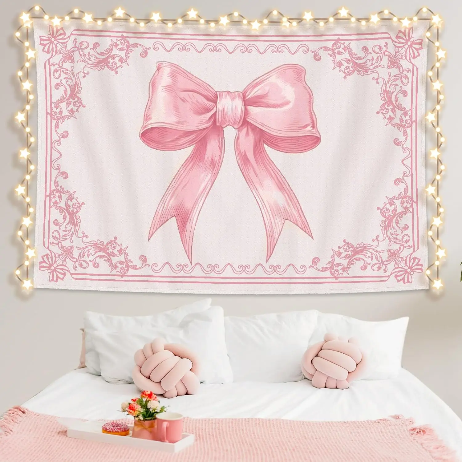 Coquette Aesthetic Bow Hanging Tapestry, 60"x40" Cotton Decorative Wall Art, 1-Piece Room Decor for Women's Dorm Apartment, Indoor-Outdoor Multi-Size Preppy Home Decor Kit