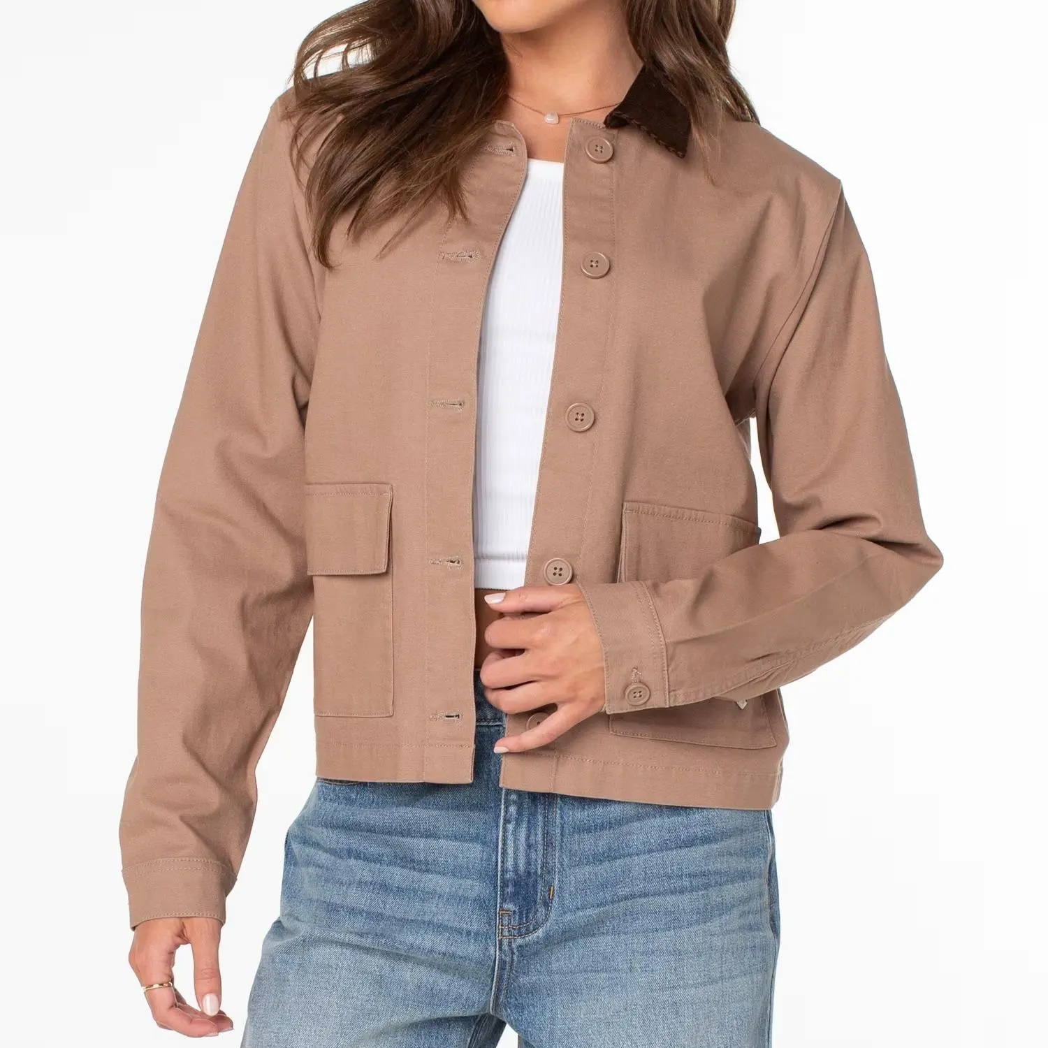 Women’s Portabella Boxy Barn Jacket Relaxed Fit Corduroy Collar Button Front Utility Jacket