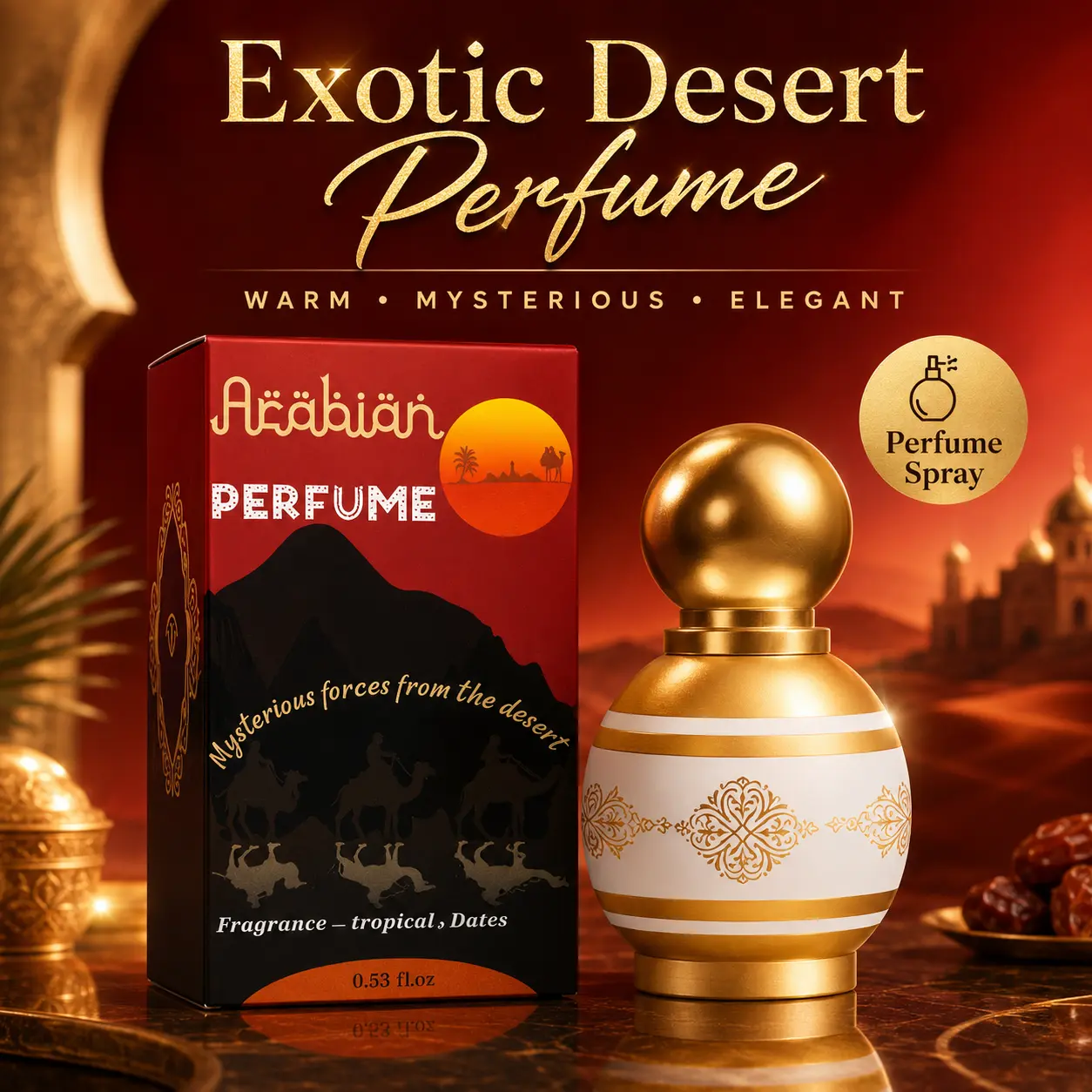 15 ml Exotic Desert Arabian Perfume Spray for Women and Men — Warm Tropical Date Fragrance, Long-Lasting Mysterious Oriental Scent, Luxurious Gold Decorative Bottle, Eau de Parfum, Includes Gift Box — Ideal for Holidays, Parties, and Dating Gifts