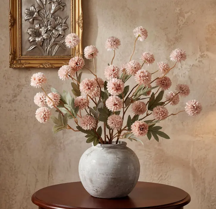 10-Pc UV-Resistant Plastic Silk Artificial Pom Pom Mum Kiku Chrysanthemum Stems with Eucalyptus - Decorative Floral Aesthetic Home Decor Faux Flowers for Wedding Table Vase Centerpiece (Vase Not Included), Floral Decor