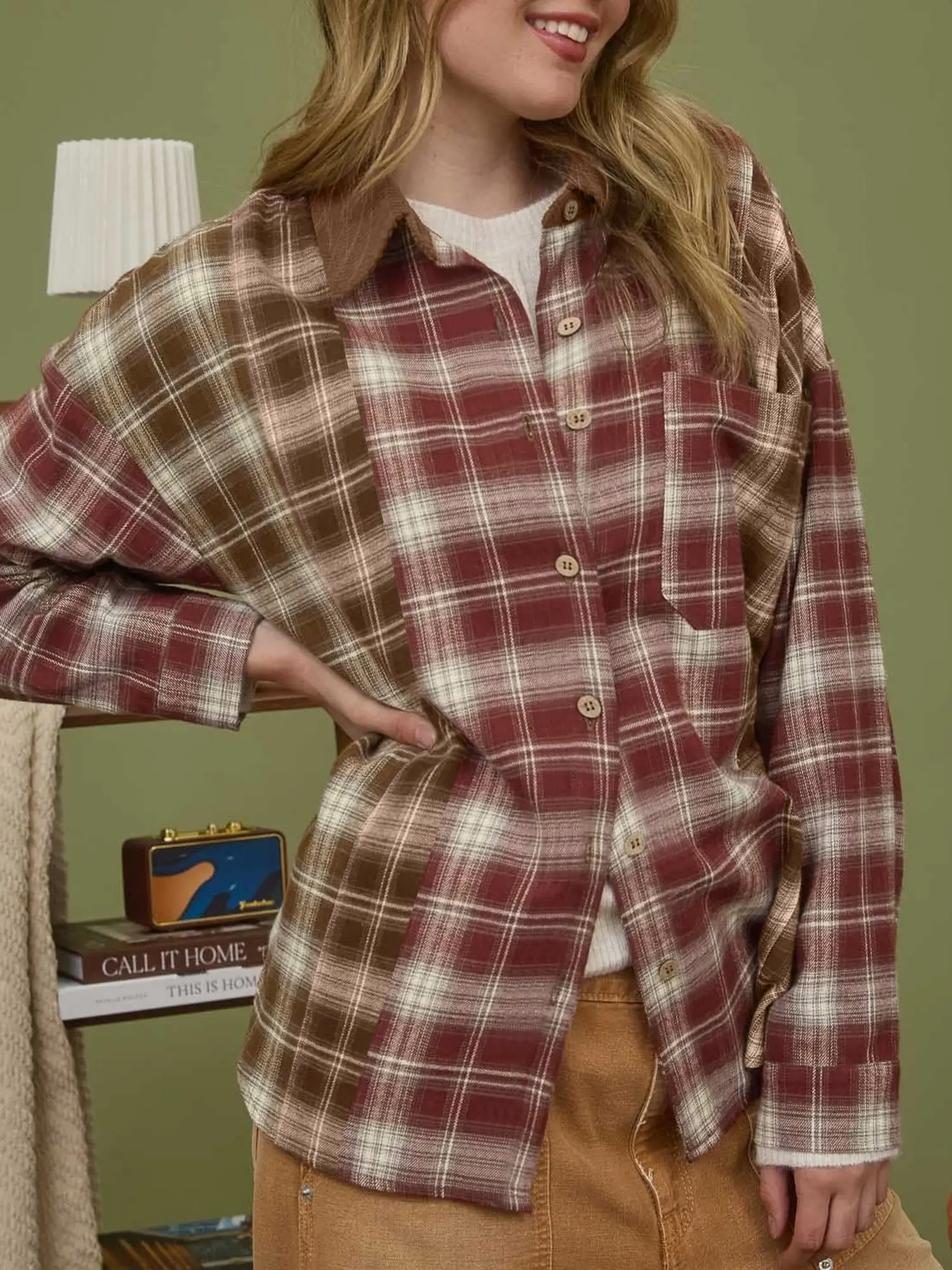 Women's Vintage Plaid Button Up Shirt Casual Long Sleeve Fall Outerwear Shacket