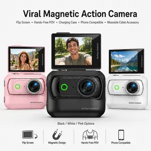 【Action Me】Super Light Action Camera - Magnetic Mini Thumb Camera with Flip Screen, Hands-Free POV Vlog Recording, Charging Case, Wearable Cable Accessories, Protective Fixed Border Cap Clip (Black, White, Pink Options)
