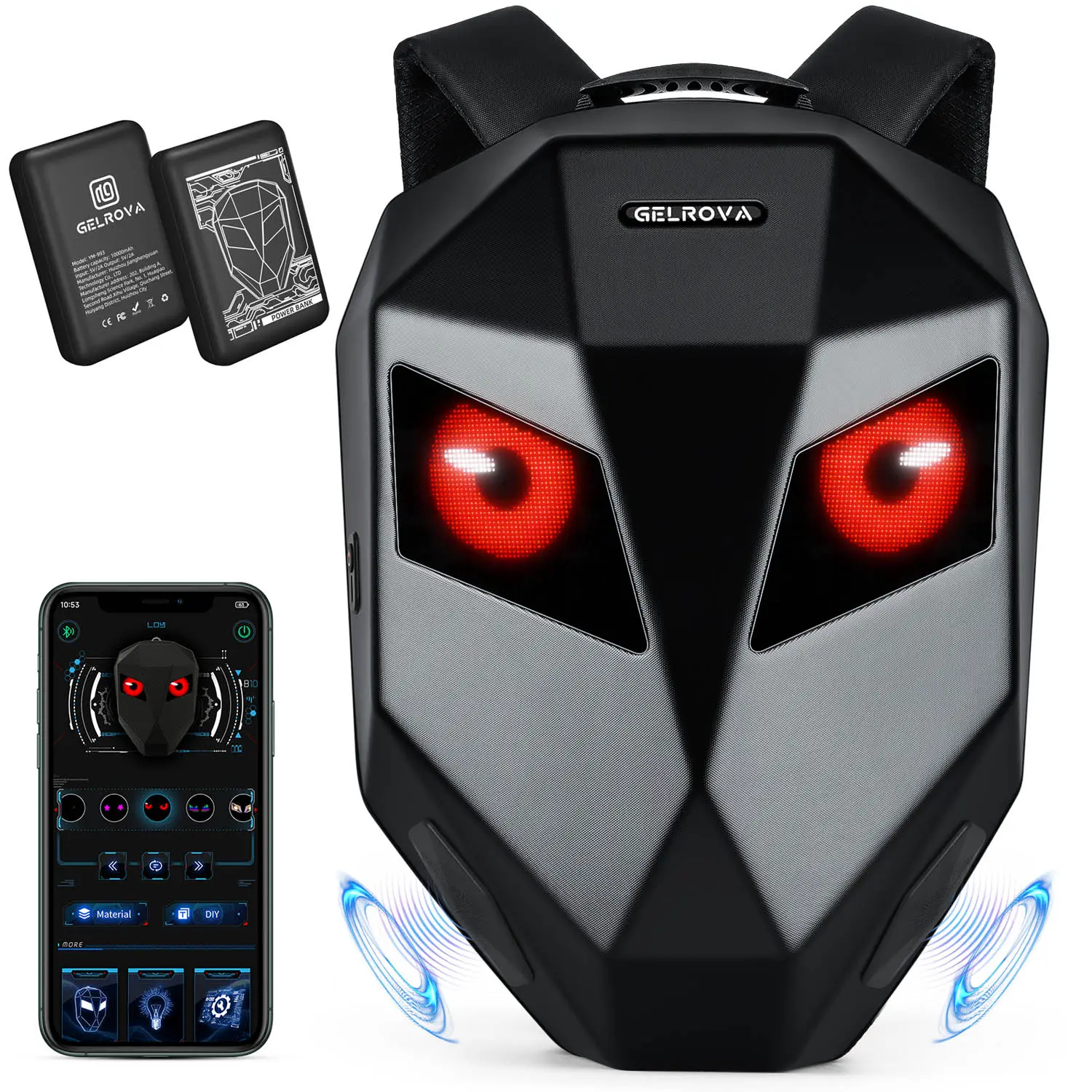 Gelrova Motorcycle Backpack for Bikers, Steampunk ABS Hard Shell with Programmable Tempered Glass LED Eye, Bluetooth Speakers, Android App & Expandable Storage