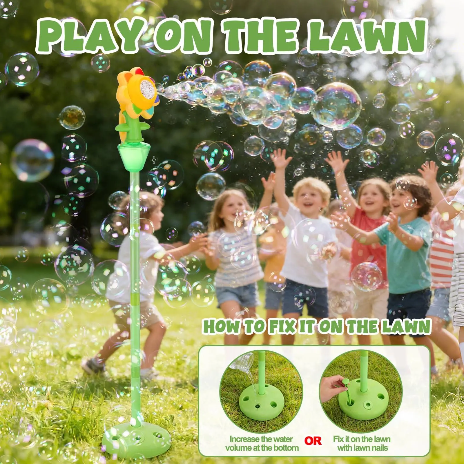 Sunflower Automatic Swinging Bubble Machine, Remote Control 1-Click Start, Colorful LED Lights, Hands-Free Kids Toy for Party & Outdoor Events