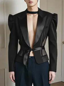 INCERUN  Men's Fashion Casual Suit Jacket, Pure Color Long Sleeve Mesh Patchwork, Perfect for Daily Wear