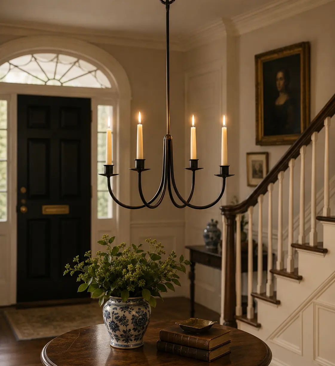 4 ARM WROUGHT IRON CANDLE CHANDELIER - Handcrafted Colonial Candelabra USA