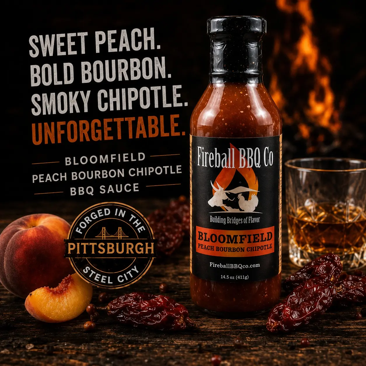 Fireball BBQ Co Bloomfield Peach-Bourbon Chipotle Flavor Cooking Sauce