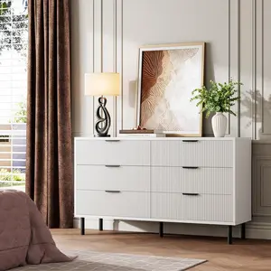 Fluted Dresser with 6 Drawers, 29.9'' Tall Closet Dresser Organizer with Anti-Tipping Device, Wood Chest of Drawers with Storage and Metal Legs for Bedroom, Entryway, Small Spaces