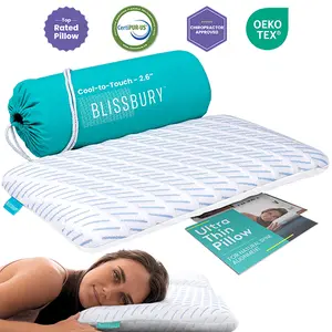 BLISSBURY 2.6" Stomach Sleeping Pillow for Neck Pain Relief Ultra-Thin Profile Dual-Sided Ice Yarn & Bamboo Cooling Cover for Spinal Alignment and Pressure Relief for belly and back sleepers