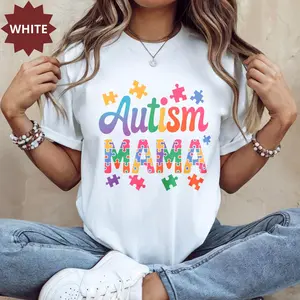 Autism Mama T Shirt, Colorful Puzzle Pieces Design For Autism Awareness Mothers Day Gift Women Casual Wear Top,Comfortable & Breathable Material,Everyday Outfit,Machine  Casual Top loose fit pure cotton t-shirt shortsleeve crewneck casual wear varsity