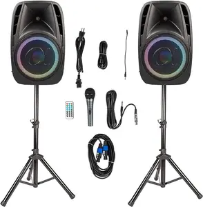 Pair  All-In-One 12" Powered 1500W PRO DJ Amplified Loud Speakers with Bluetooth USB SD Card AUX MP3 FM Radio PA System LED Lights Karaoke Mic Guitar Amp 2 Tripod Stands Cable and Microphone
