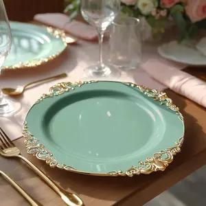 20-Pack Economy Plastic Charger Plates 13" Round Dusty Sage Green with Gold Embossed Baroque Rim - Stylish Dinner Party Serving Plates