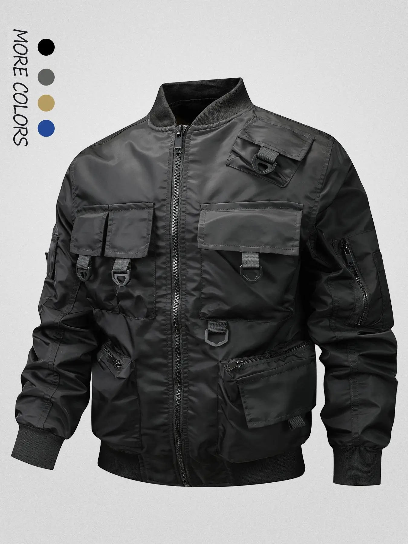 Men's Solid Pocket Zip Up Waterproof Jacket, Regular Fit Casual Tactical Windproof Long Sleeve Stand Collar Outerwear for Fall & Winter, Men's Clothes for Daily Wear