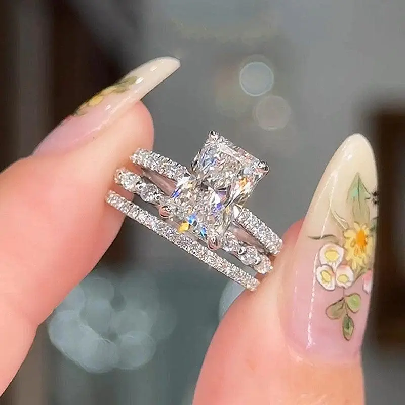 925silver 3.3ct Radiant Cut 3PC Engagement Ring Set,Bridal Ring Set,5A Cubic Zirconia Women's Ring Jewelry,Wedding Ring Set For Daily,Travel,Proposal,Birthday,Anniversary