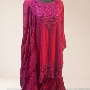 Indian Pakistani Gharara Dress with Embroidered Details and Flowing Fabric Formal