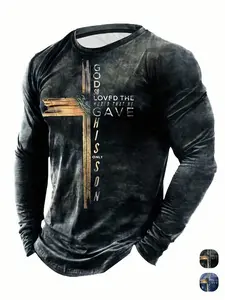 Men's Christian Cross Fitted Long Sleeve T-Shirt, Blue Faith Casual Stylish Round Neck Top with Bible Verse Print, Spiritual Clothing for Church and Daily Wear